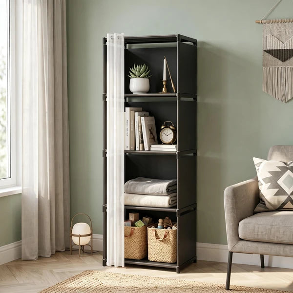Aeelleea 5 Tier Storage Closet Organizer 15.4×10.9×48.9in, Freestanding Shelf with PEVA Curtain, Silver Frame Black Fabric for Bedroom Living Room