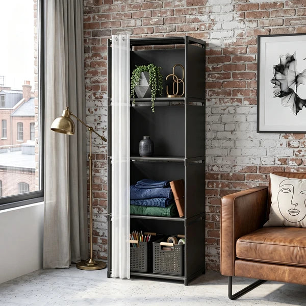 Aeelleea 5 Tier Storage Closet Organizer 15.4×10.9×48.9in, Freestanding Shelf with PEVA Curtain, Silver Frame Black Fabric for Bedroom Living Room