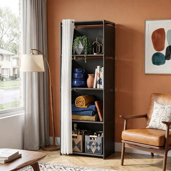 Aeelleea 5 Tier Storage Closet Organizer 15.4×10.9×48.9in, Freestanding Shelf with PEVA Curtain, Silver Frame Black Fabric for Bedroom Living Room