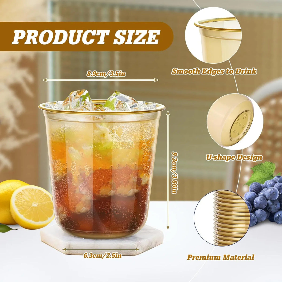 50‑Pack 12oz Disposable Stemless Plastic Wine Glasses, Gold Rim Clear Cocktail Cups for Wedding Graduation Holiday Party