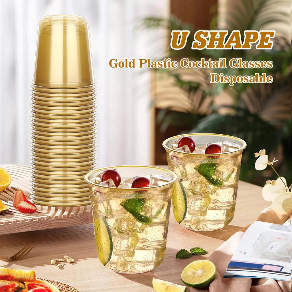 50‑Pack 12oz Disposable Stemless Plastic Wine Glasses, Gold Rim Clear Cocktail Cups for Wedding Graduation Holiday Party
