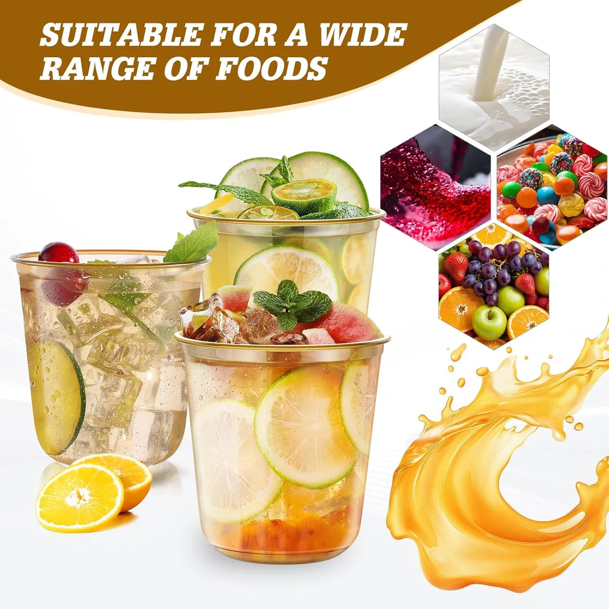 50‑Pack 12oz Disposable Stemless Plastic Wine Glasses, Gold Rim Clear Cocktail Cups for Wedding Graduation Holiday Party