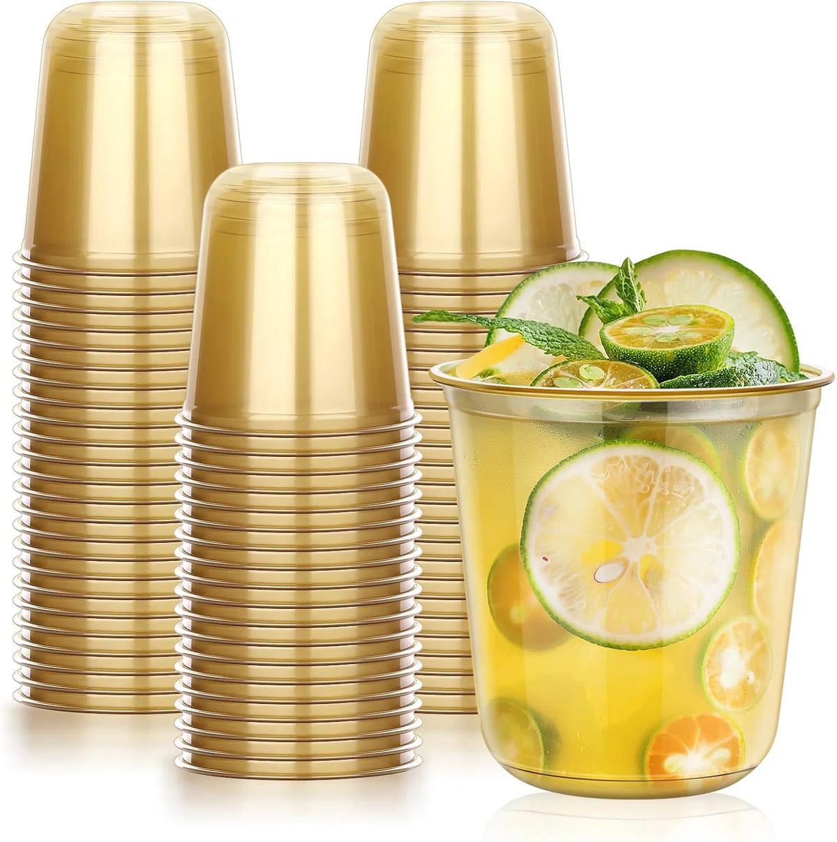 50‑Pack 12oz Disposable Stemless Plastic Wine Glasses, Gold Rim Clear Cocktail Cups for Wedding Graduation Holiday Party