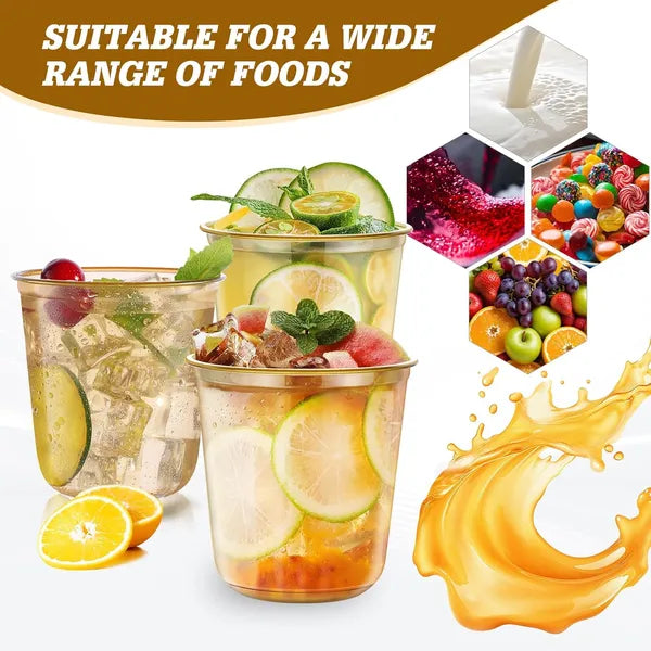 50‑Pack 12oz Disposable Stemless Plastic Wine Glasses, Gold Rim Clear Cocktail Cups for Wedding Graduation Holiday Party