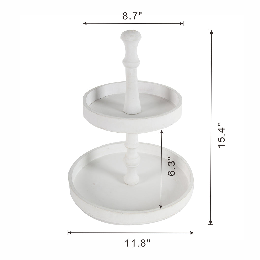 White Two-Tiered Round Wooden Serving Stand, 11.8x15.4 Inch Farmhouse Tiered Tray Decor, 2 Tier Round Display Tray for Kitchen Countertop Coffee Bar Party Dessert Storage