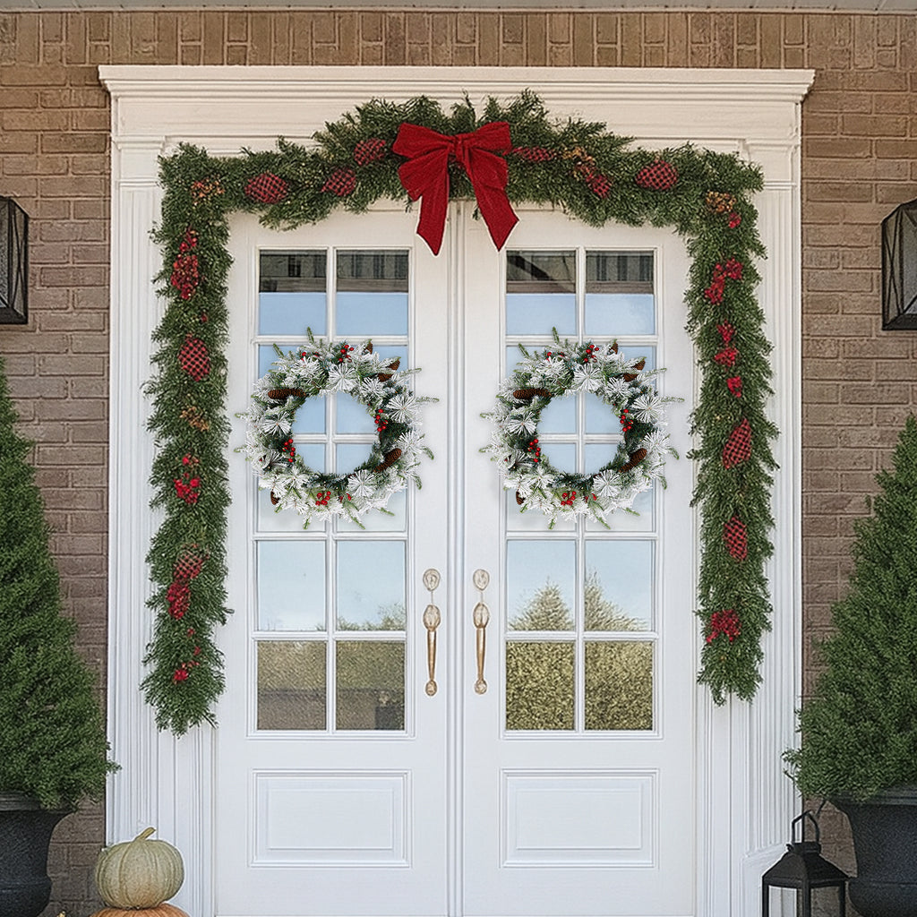 2Pcs 18" Lighted Christmas Wreaths, Snow Flocked PVC PE Wreath with Pinecones Red Berries, 60 Warm White Lights Battery Box 8 Modes
