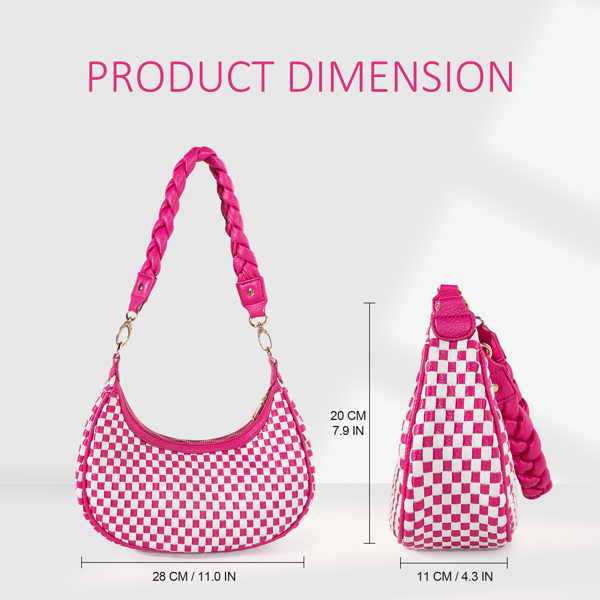 Checkered Shoulder Bag for Women, Y2K Hobo Crescent Purse with Braided Strap, Small Pink White Armpit Bag Trendy Fashion Handbag