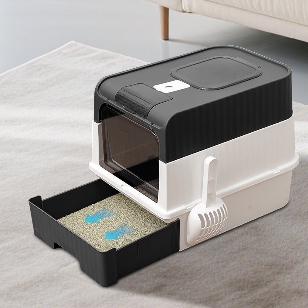 Convertible Enclosed Cat Litter Box with Pull-Out Tray, Top & Front Entry and Scoop, Black & White, 19.69"