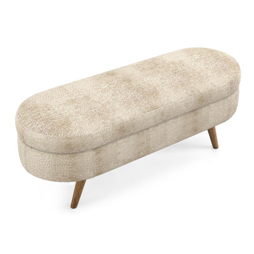 AEELLEEA 43 Inch Oval Storage Ottoman Bench, Beige Textured Fabric Upholstered Bench with Wood Legs for Bedroom Entryway