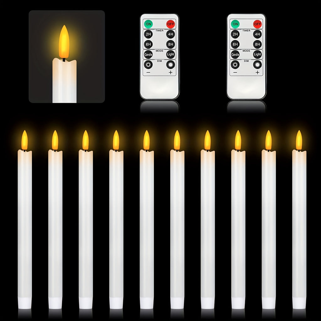 Flameless Ivory Taper Candles Flickering with 10-Key Remote, LED Warm 3D Wick Light Window Candles Real Wax Pack of 10, Christmas Home Wedding Decor