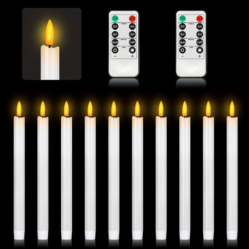 10 White Taper Candles with 2 Remotes - Remote-Adjustable Brightness, Safe for Homes & Events