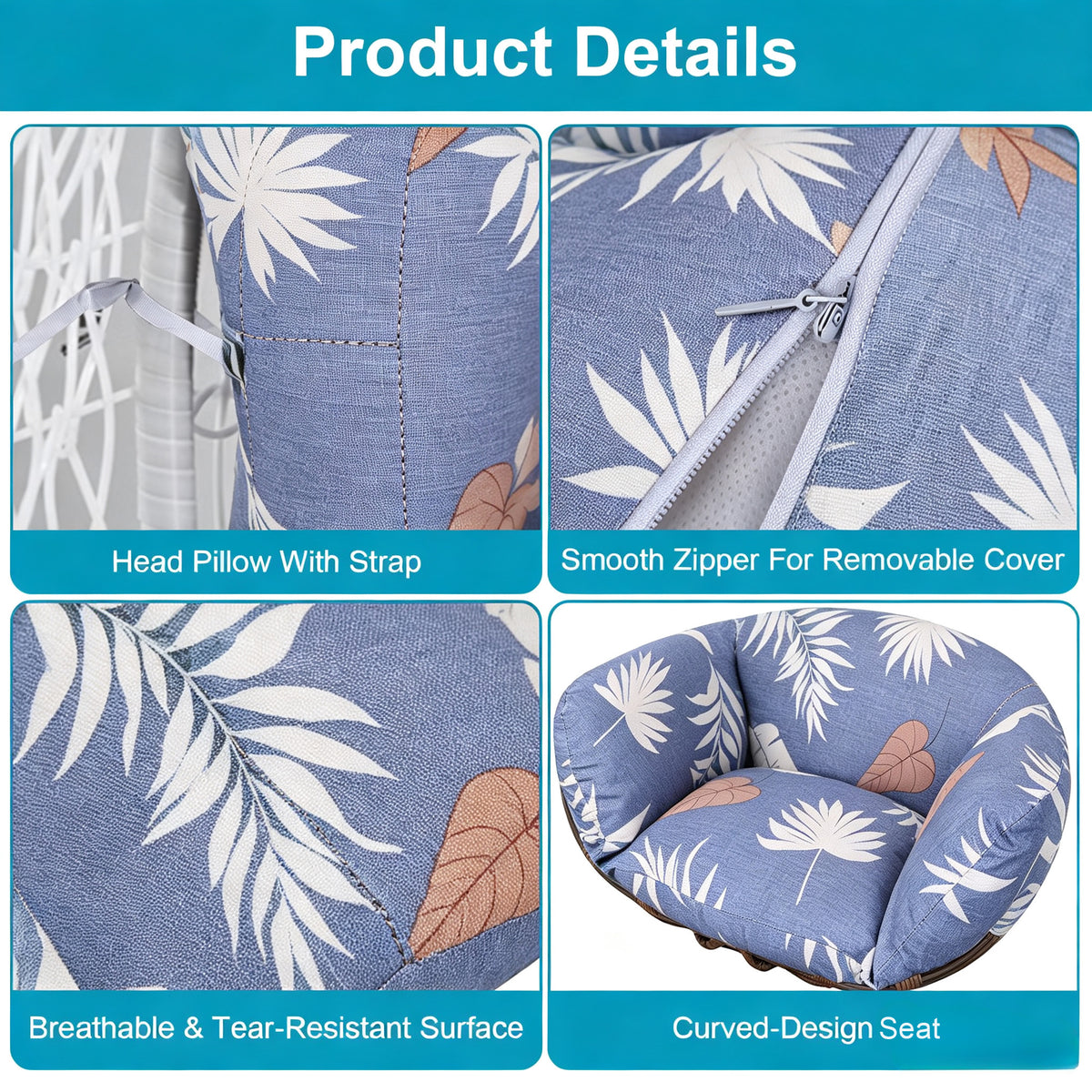 Hanging Egg Chair Cushion with Head Pillow, Thick Hollow Cotton Replacement Pad, Removable Washable Polyester Cover for Indoor Outdoor Wicker Swing Chair