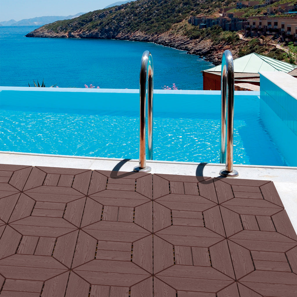 AEELLEEA 12 Inch Wood Grain Interlocking Deck Tiles, Snap Together Outdoor Patio Flooring Tiles, Cuttable Drainage Floor Tiles for Pool Backyard Balcony