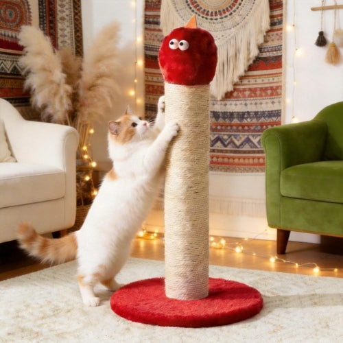 22" Indoor Cat Scratching Post, Natural Sisal Rope Scratcher, Cute Monster Cat Tower with Sturdy Wood Base, Gift for Small & Large Kittens, Red