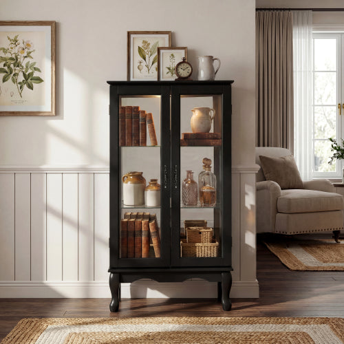 AEELLEEA Black Curio Display Cabinet with Tempered Glass Doors, Adjustable Shelves & Acrylic Mirror Back Panel