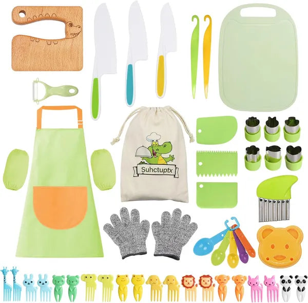 50 Pcs Kids Kitchen Cooking Set – Kid-Safe Wooden Knife, Cutting Board, Apron, Gloves, Crinkle Cutters & Peeler for Real Cooking, Ages 3+