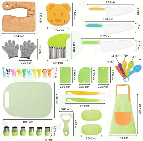 50 Pcs Kids Kitchen Cooking Set – Kid-Safe Wooden Knife, Cutting Board, Apron, Gloves, Crinkle Cutters & Peeler for Real Cooking, Ages 3+