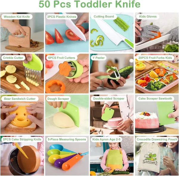 50 Pcs Kids Kitchen Cooking Set – Kid-Safe Wooden Knife, Cutting Board, Apron, Gloves, Crinkle Cutters & Peeler for Real Cooking, Ages 3+
