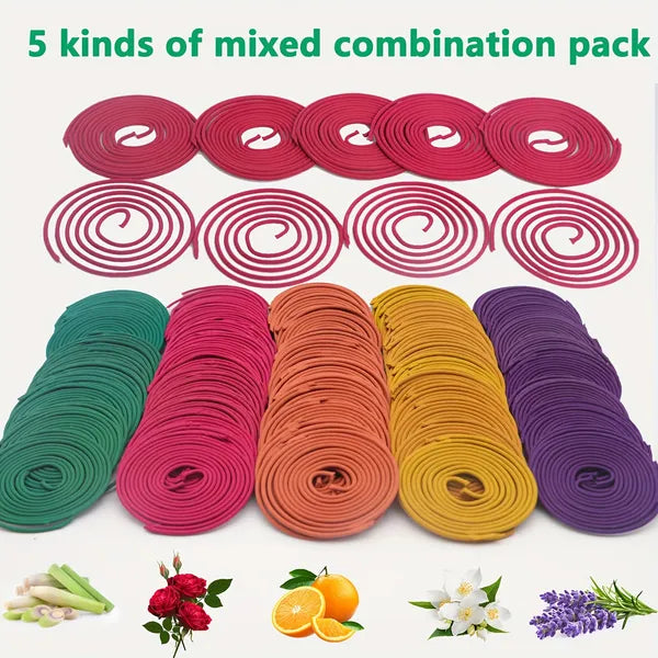 50Pcs Mixed Scent Incense Coils, 5 Fragrance Citronella Incense Sticks with Metal Holder, 3-4 Hours Burning for Camping Patio Backyard Outdoor Use