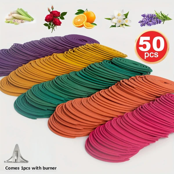 50Pcs Mixed Scent Incense Coils, 5 Fragrance Citronella Incense Sticks with Metal Holder, 3-4 Hours Burning for Camping Patio Backyard Outdoor Use