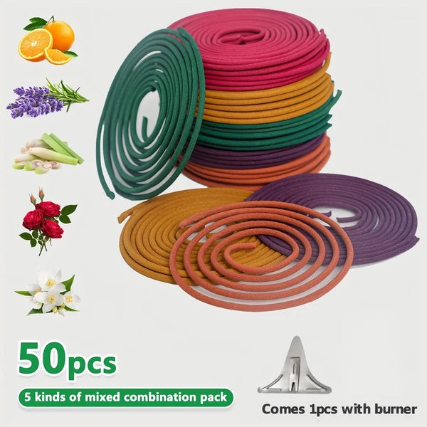 Citronella Incense Coils, 50 Pack Orange Scented Coil Incense with Metal Incense Holder, 3-4 Hours Burning for Camping Patio Backyard Outdoor Use