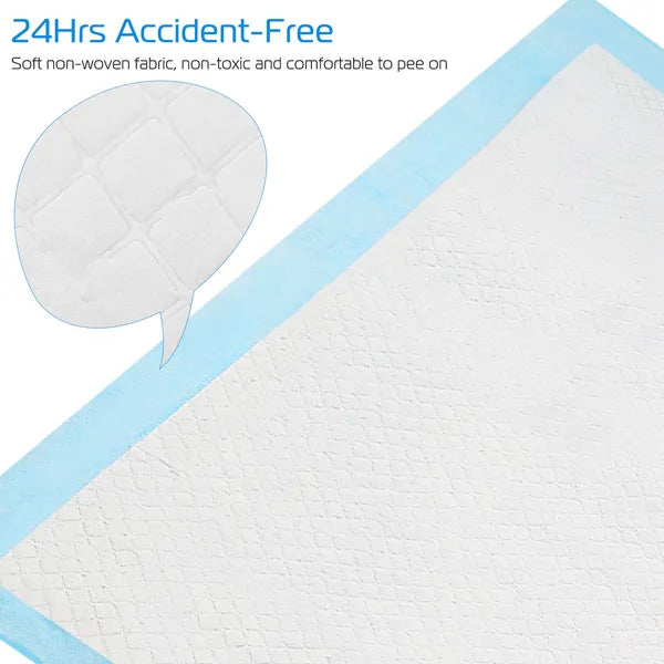 These super-absorbent 24x18-inch training pads lock in 20x their weight in urine for 24 hours. The 5-layer design is leak-proof, and the soft, non-toxic fabric is gentle on paws. 50-count pack — toss-and-go cleanup for dogs, puppies, and cats.