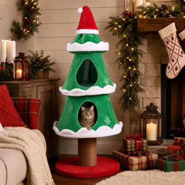 Aeelleea 51 Inch Christmas Cat Tree, Xmas Cat Tower with 2 Cozy Cat Condos and Sisal Scratching Post, Holiday Pet Furniture for Indoor Cats