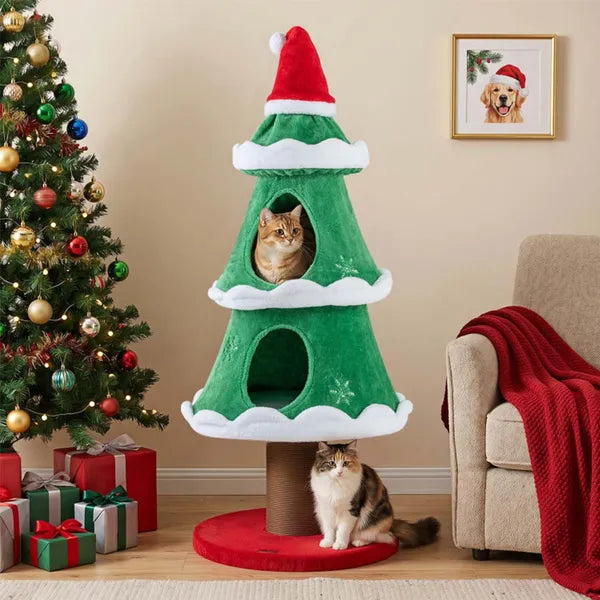 Aeelleea 51 Inch Christmas Cat Tree, Xmas Cat Tower with 2 Cozy Cat Condos and Sisal Scratching Post, Holiday Pet Furniture for Indoor Cats