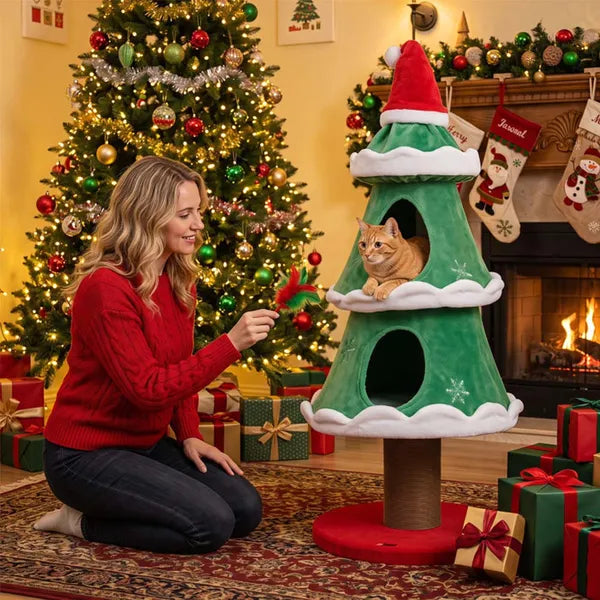 Aeelleea 51 Inch Christmas Cat Tree, Xmas Cat Tower with 2 Cozy Cat Condos and Sisal Scratching Post, Holiday Pet Furniture for Indoor Cats