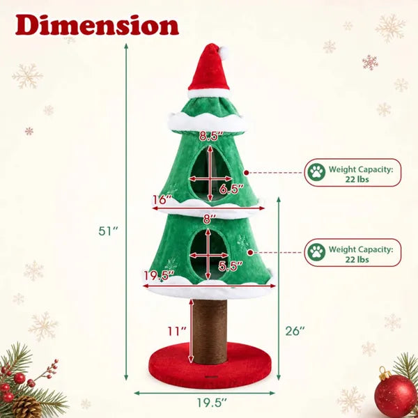 Aeelleea 51 Inch Christmas Cat Tree, Xmas Cat Tower with 2 Cozy Cat Condos and Sisal Scratching Post, Holiday Pet Furniture for Indoor Cats