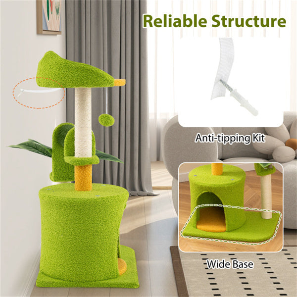 AEELLEEA 31-Inch Cat Tree Tower with Sisal Scratching Posts, Cat Condo, Self-Groomer and Hanging Pom-Pom Toy, Green