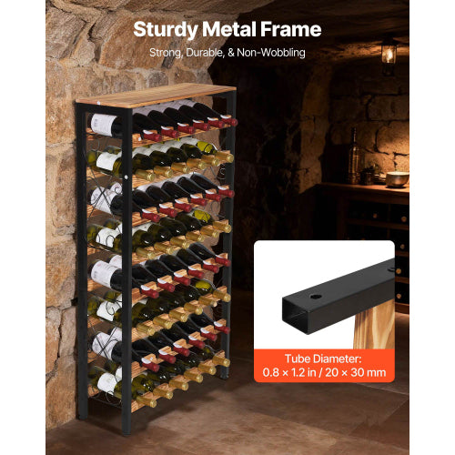 48 Bottle Wine Rack, 8 Tier Freestanding Wine Storage Cabinet with Wood Top, Black Metal Floor Standing Wine Rack