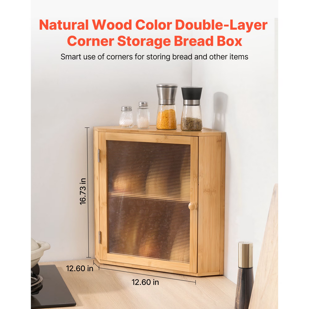 AEELLEEA Natural Bamboo Corner Bread Box for Kitchen Counter, Double Layer Storage Cabinet with Wave Acrylic Door, Adjustable Shelf