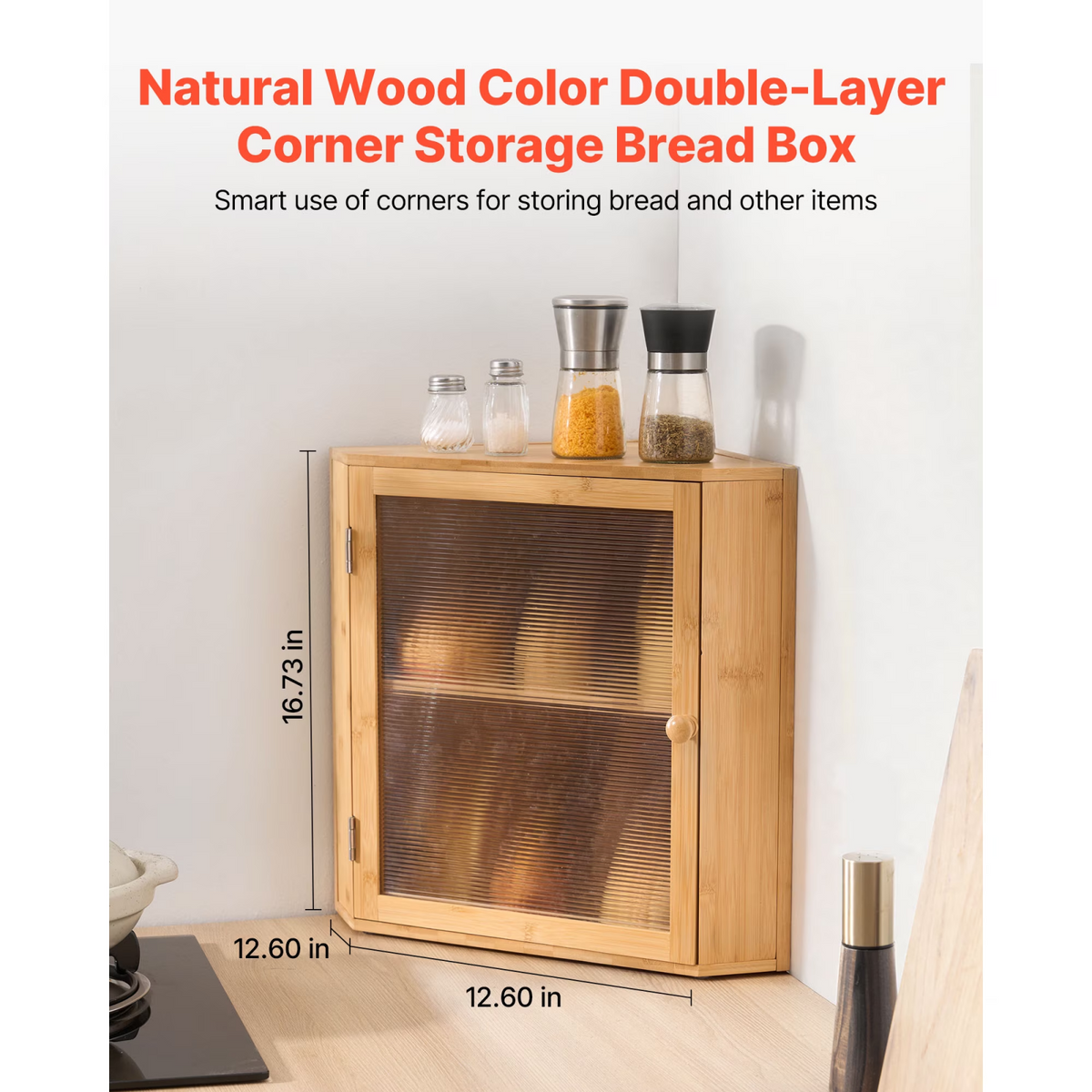 AEELLEEA Natural Bamboo Corner Bread Box for Kitchen Counter, Double Layer Storage Cabinet with Wave Acrylic Door, Adjustable Shelf