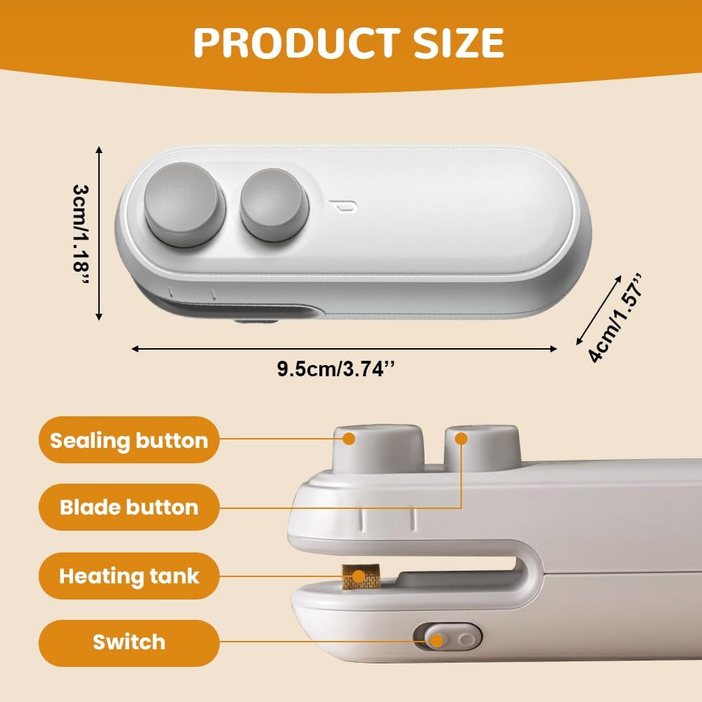 2 in 1 Mini Bag Sealer with Cutter and Magnet, Rechargeable Bag Sealer, Portable Mini Sealer, Cordless Resealer Machine for Snack Plastic Bags Food Storage