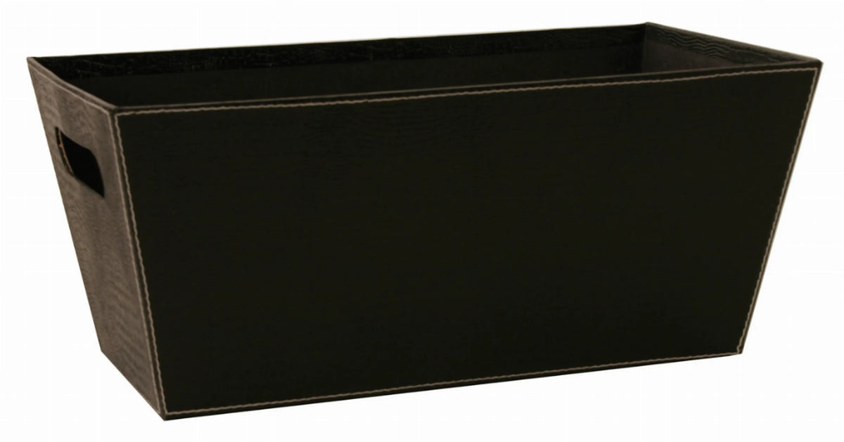 13 in Embossed Paperboard Storage Tote with Cutout Handles, Faux Leather Look Magazine Organizer Bin for Home Office, Black
