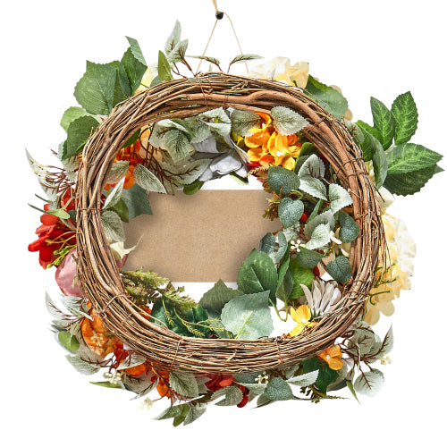24 Inch Front Door Wreath, Red Orange Yellow Hydrangea Rose Artificial Flower Wreath with Welcome Sign for All Seasons