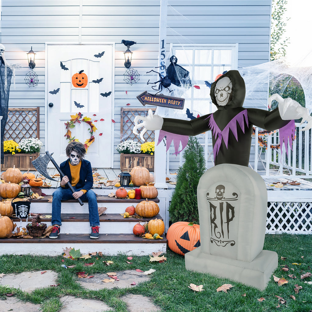 6ft Halloween Inflatable Grim Reaper with Grave, 3 LED String Lights, 12V Waterproof Outdoor Yard Lawn Decoration with Stakes & Sandbags