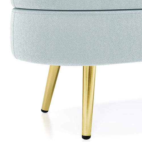 AEELLEEA 43 Inch Oval Storage Ottoman Bench, Light Blue Textured Fabric Bench with Gold Metal Legs for Bedroom Entryway