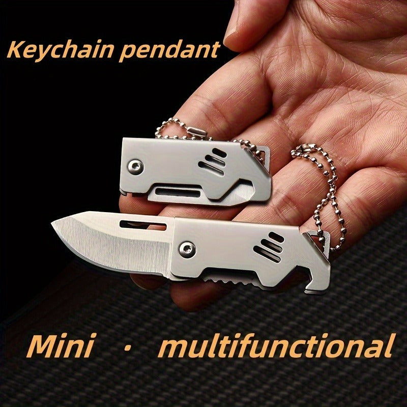 Multifunctional Stainless Steel Keychain Folding Utility Knife, Mini EDC Pocket Cutter with Bottle Opener, Portable Box & Rope Cutting Tool