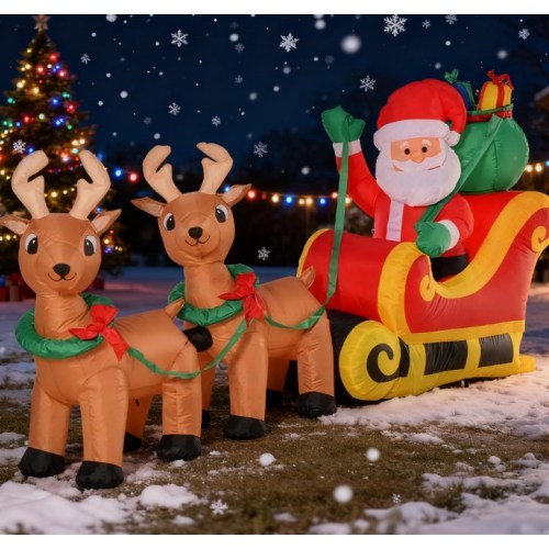 AEELLEEA 8FT Inflatable Santa Sleigh with 2 Reindeer, Pre-Lit LED Christmas Outdoor Yard Decoration