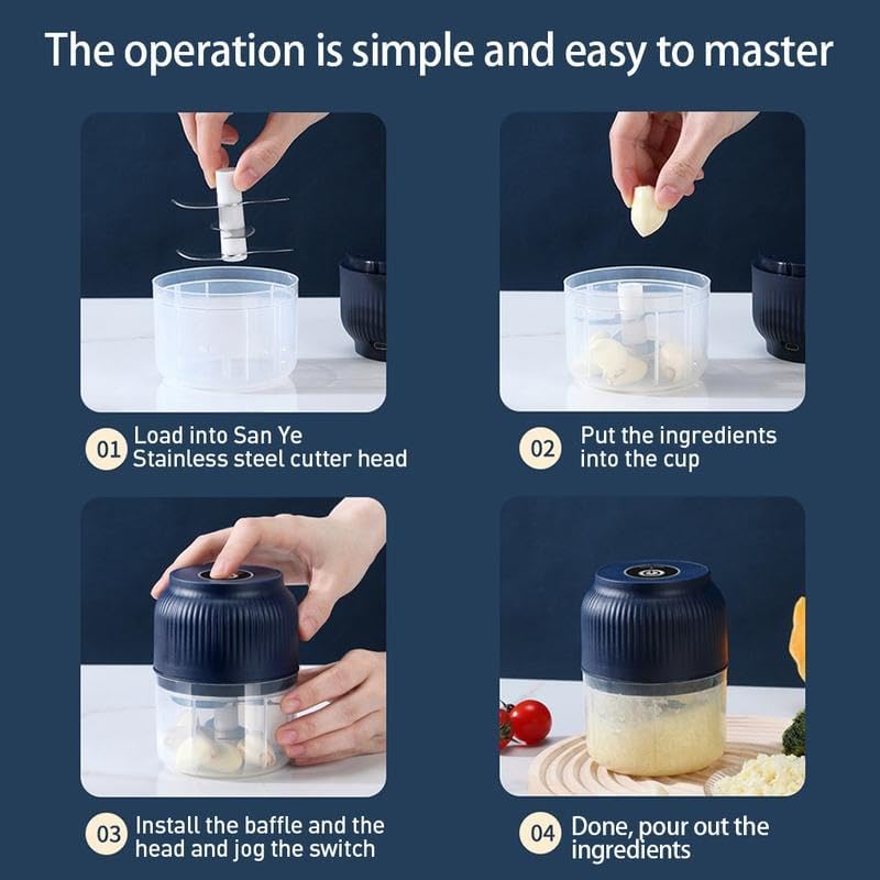 300ml Electric Mini Food Chopper, USB Rechargeable Small Food Processor with 4 Sharp Blades, Portable Garlic Mincer for Onion, Meat, Vegetable