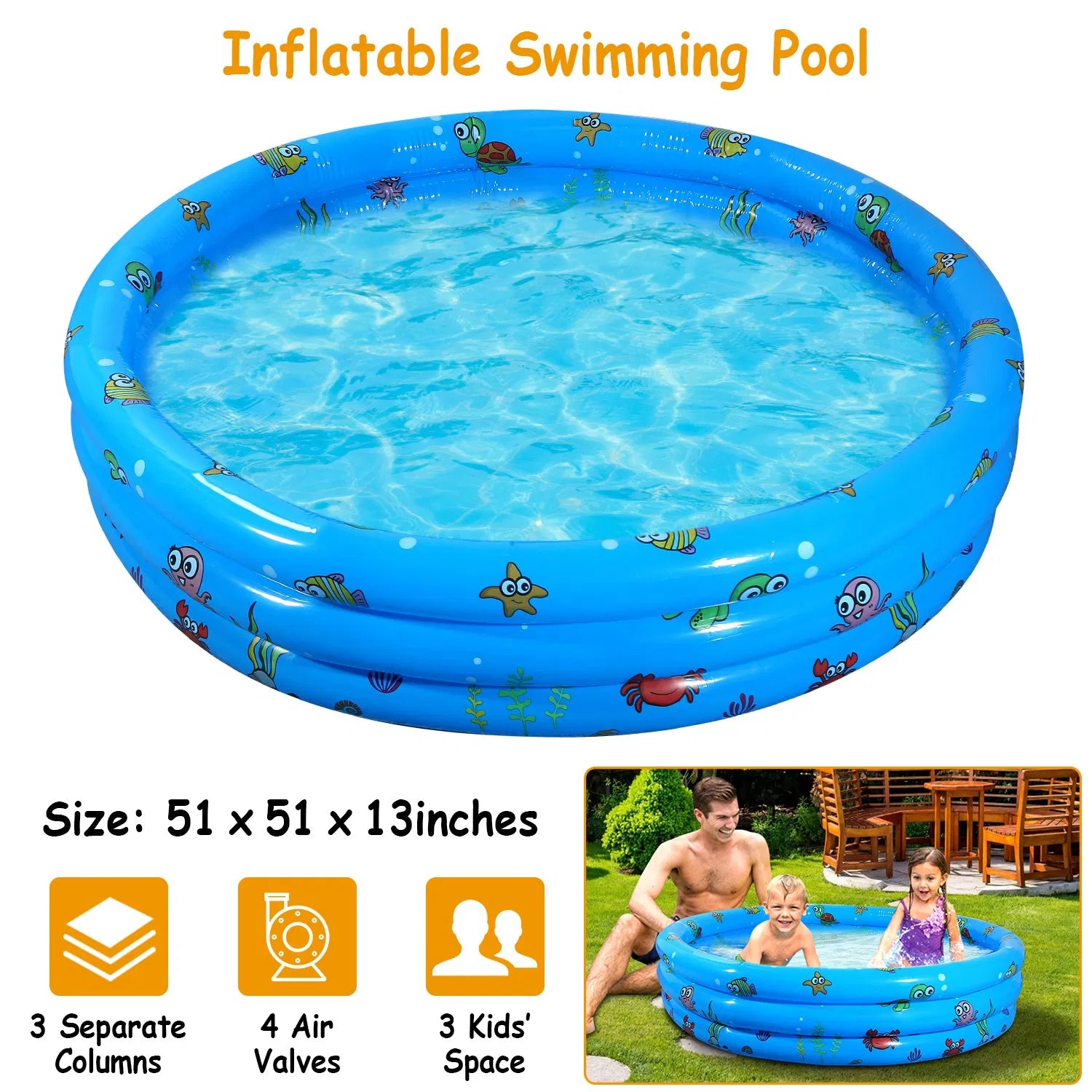 51" Inflatable Swimming Pool for Kids, Round 3-Ring Kiddie Pool with 4 Air Valves, Premium PVC - Blue