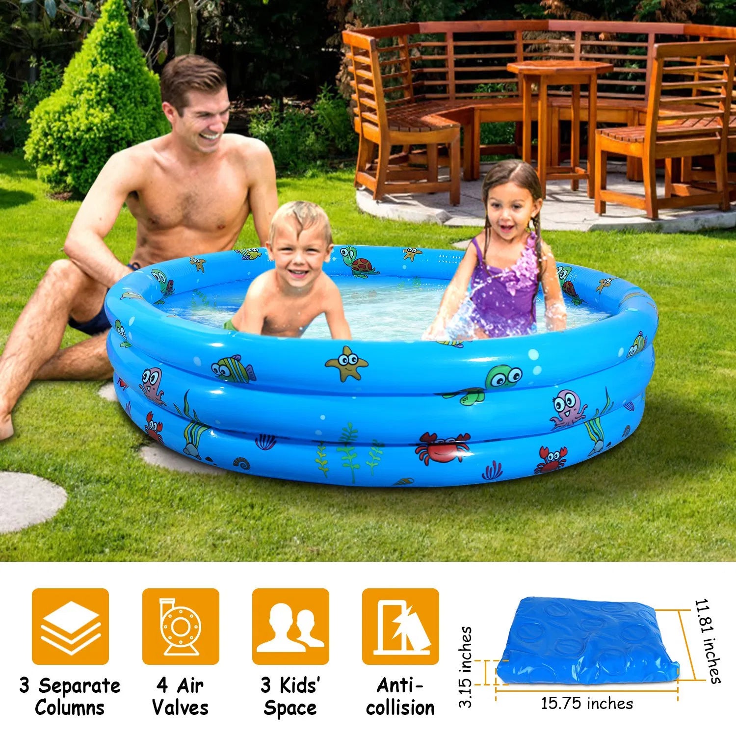 51" Inflatable Swimming Pool for Kids, Round 3-Ring Kiddie Pool with 4 Air Valves, Premium PVC - Blue