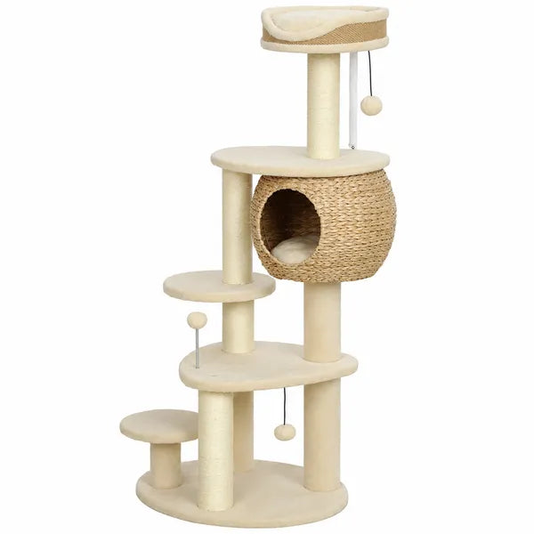 Aeelleea 52 Inch Multi-Level Cat Tree, Hand Woven Cat Condo with Sisal Scratching Posts, Soft Plush Perch & Hanging Toy Balls for Indoor Cats