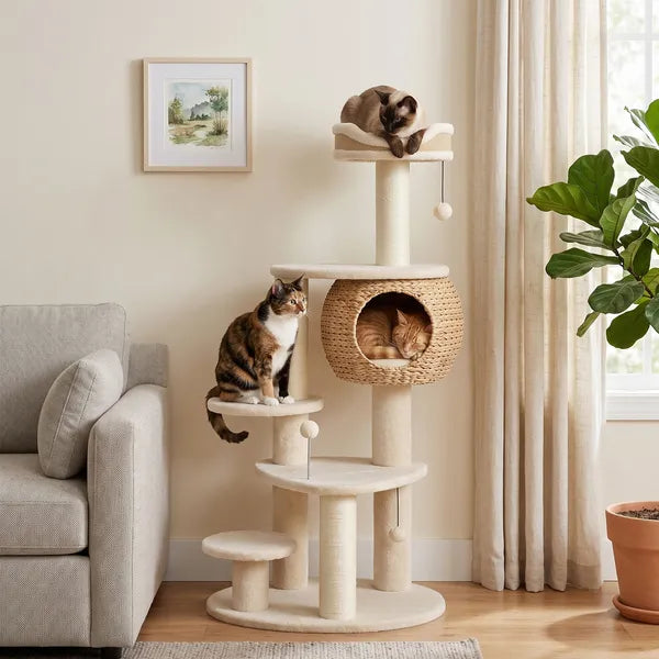 Aeelleea 52 Inch Multi-Level Cat Tree, Hand Woven Cat Condo with Sisal Scratching Posts, Soft Plush Perch & Hanging Toy Balls for Indoor Cats