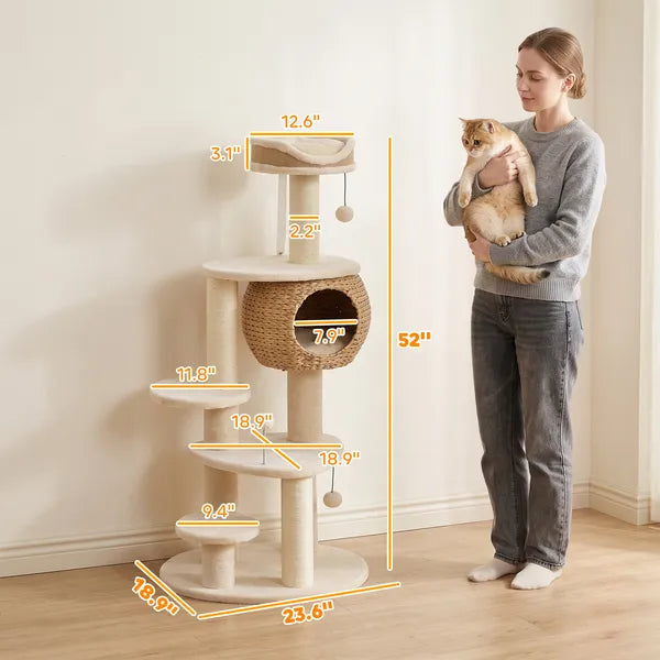 Aeelleea 52 Inch Multi-Level Cat Tree, Hand Woven Cat Condo with Sisal Scratching Posts, Soft Plush Perch & Hanging Toy Balls for Indoor Cats