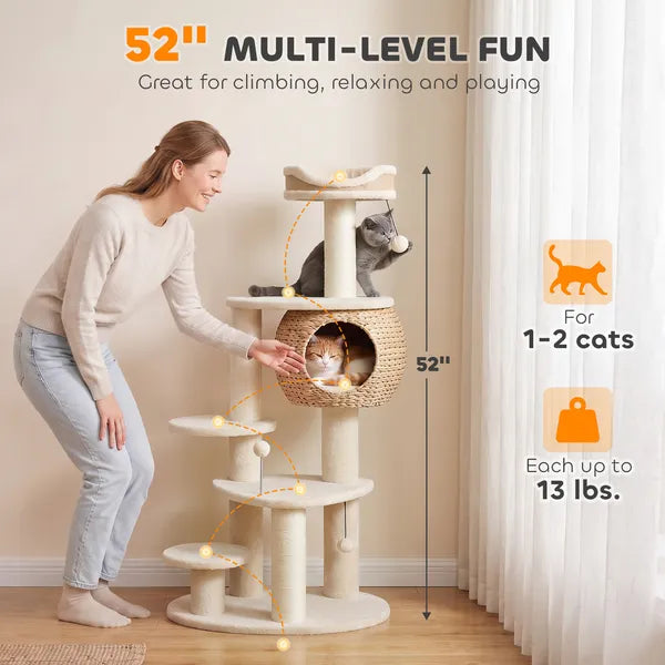 Aeelleea 52 Inch Multi-Level Cat Tree, Hand Woven Cat Condo with Sisal Scratching Posts, Soft Plush Perch & Hanging Toy Balls for Indoor Cats