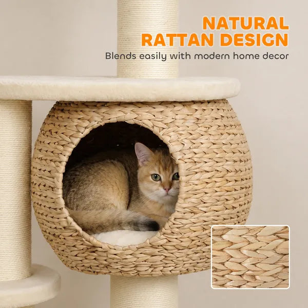 Aeelleea 52 Inch Multi-Level Cat Tree, Hand Woven Cat Condo with Sisal Scratching Posts, Soft Plush Perch & Hanging Toy Balls for Indoor Cats