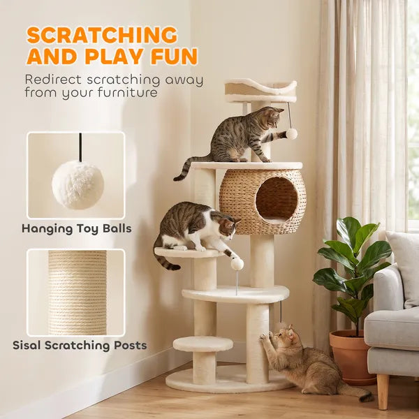 Aeelleea 52 Inch Multi-Level Cat Tree, Hand Woven Cat Condo with Sisal Scratching Posts, Soft Plush Perch & Hanging Toy Balls for Indoor Cats